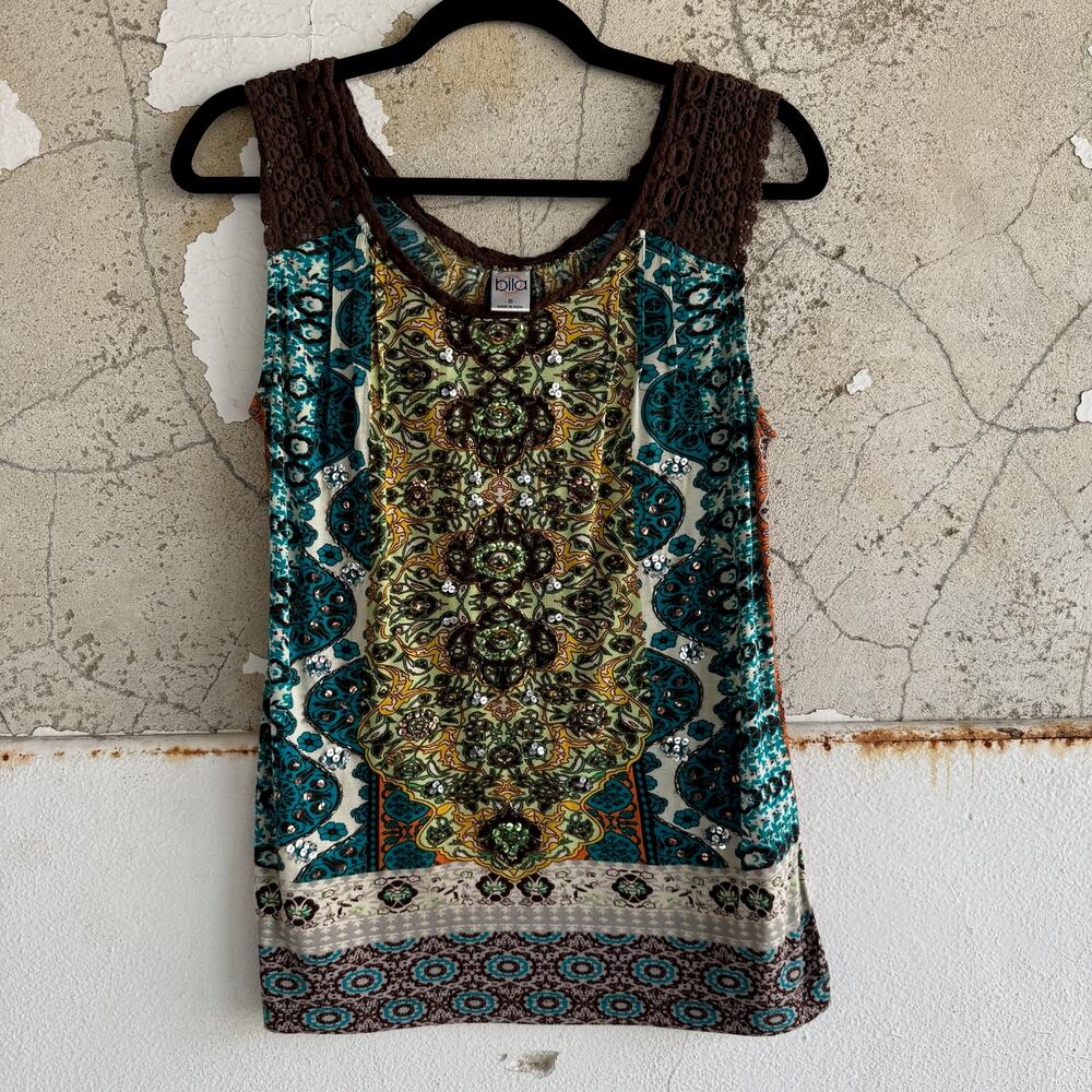 Boho Y2K‎ Print Tank Top Sequin Beaded Brown Crochet Straps India Rayon Small
